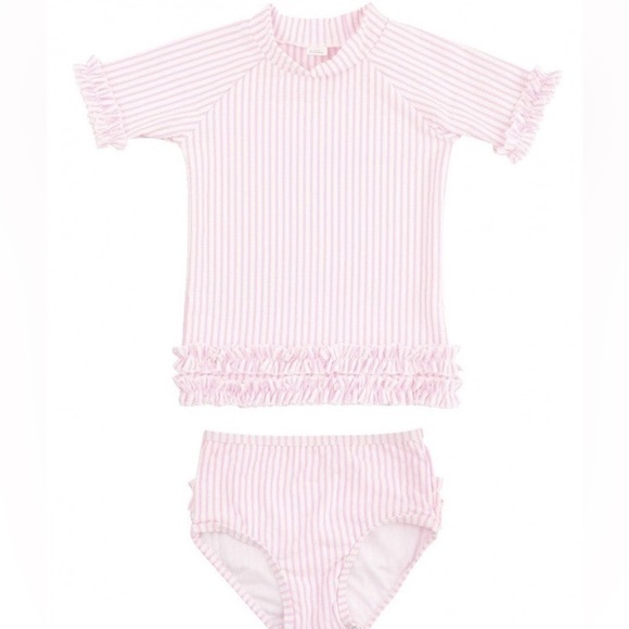 RuffleButts seersucker One Piece Rash guard Swimsuit 18/24m